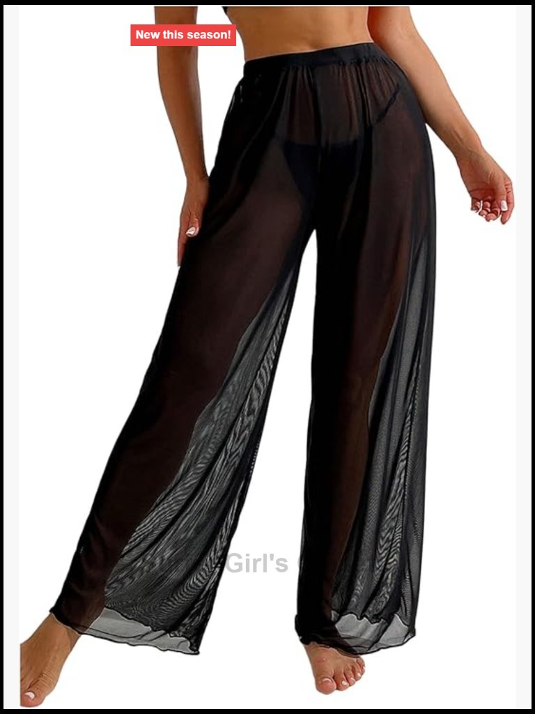 Sheer Mesh Beach Cover Up Pants High Waist Wide Leg Flowy Swimwear Cover Up